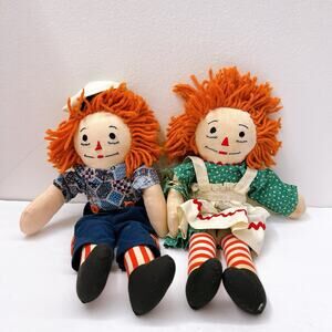 Vintage 1970’s Raggedy Ann & Andy Dolls Set Plush Red Collar Rare Original 15”